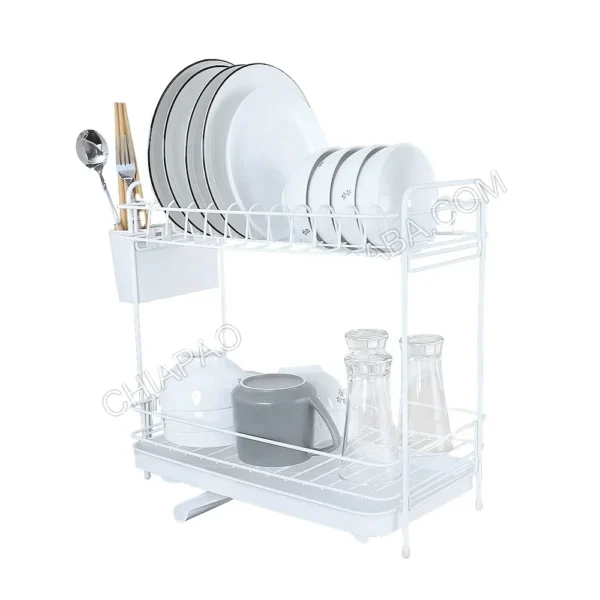 2 Tier Kitchen Metal Wire Dish Drainer Dish Drying Rack and Bowl Holder with Plastic Tray Utensil Holder - Image 5