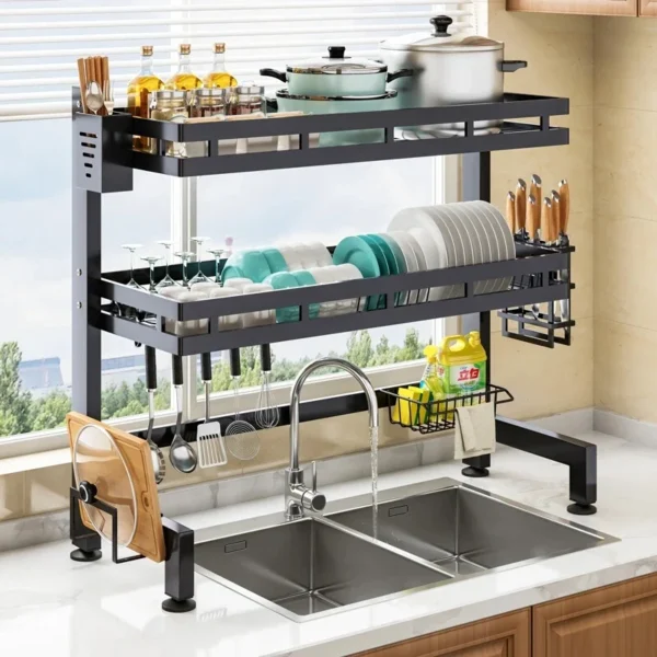 High Quality Expandable Dish Drainer Shelf Rack with Utensil Holder and Cup Hanging Set Adjustable Kitchen Dish Rack - Image 3