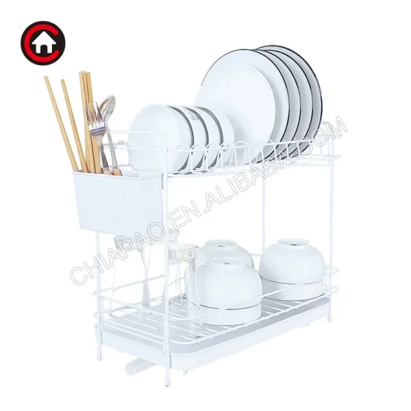 2 Tier Kitchen Metal Wire Dish Drainer Dish Drying Rack and Bowl Holder with Plastic Tray Utensil Holder - Image 4