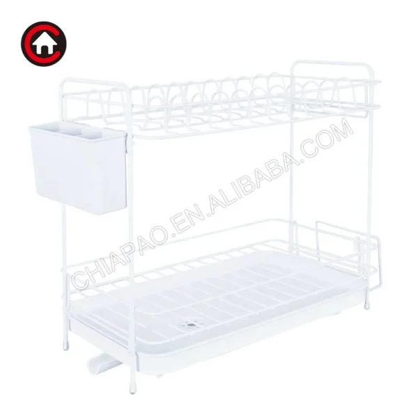 2 Tier Kitchen Metal Wire Dish Drainer Dish Drying Rack and Bowl Holder with Plastic Tray Utensil Holder - Image 3