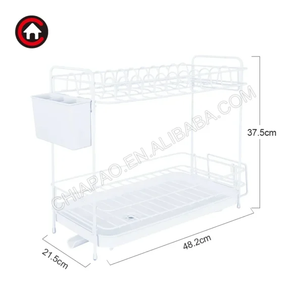 2 Tier Kitchen Metal Wire Dish Drainer Dish Drying Rack and Bowl Holder with Plastic Tray Utensil Holder - Image 2